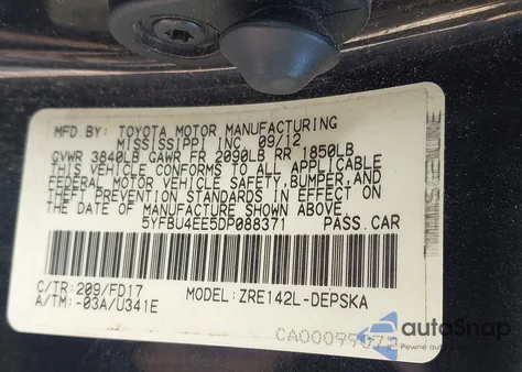 2013 Toyota Corolla S из США, поврежденный, VIN 5YFBU4EE5DP088371